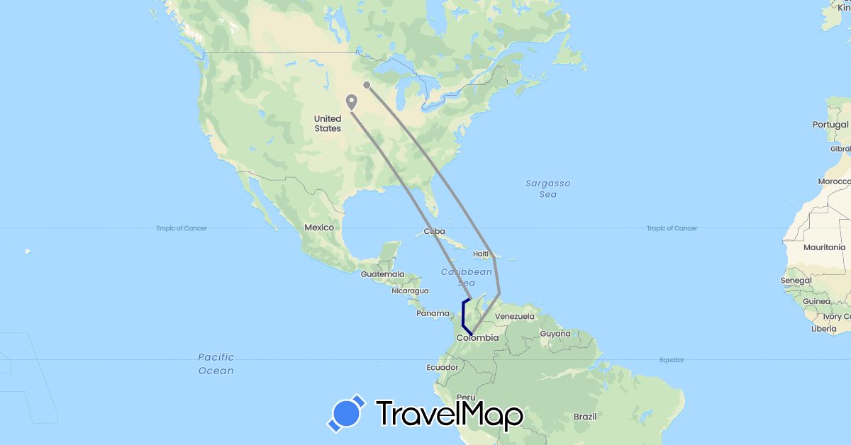 TravelMap itinerary: driving, plane in Colombia, Dominican Republic, Netherlands, United States (Europe, North America, South America)